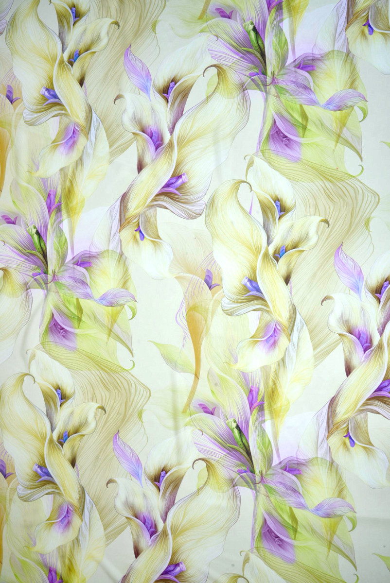 MuÅlin jedwabny kwiaty limonka z fioletem